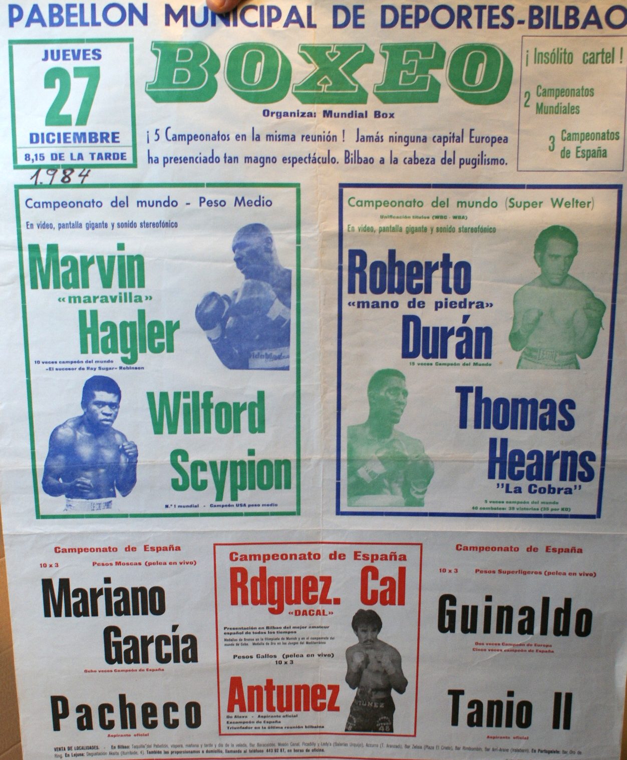 Cartel de la velada de boxeo profesional disputada en La Casilla (Bilbao) en diciembre de 1984.