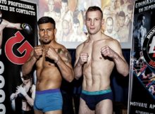 Los boxeadores profesionales Artem Sukhanov y Féliz Matamoros, en el peso para su combate de mañana en la localidad navarra de Berriozar